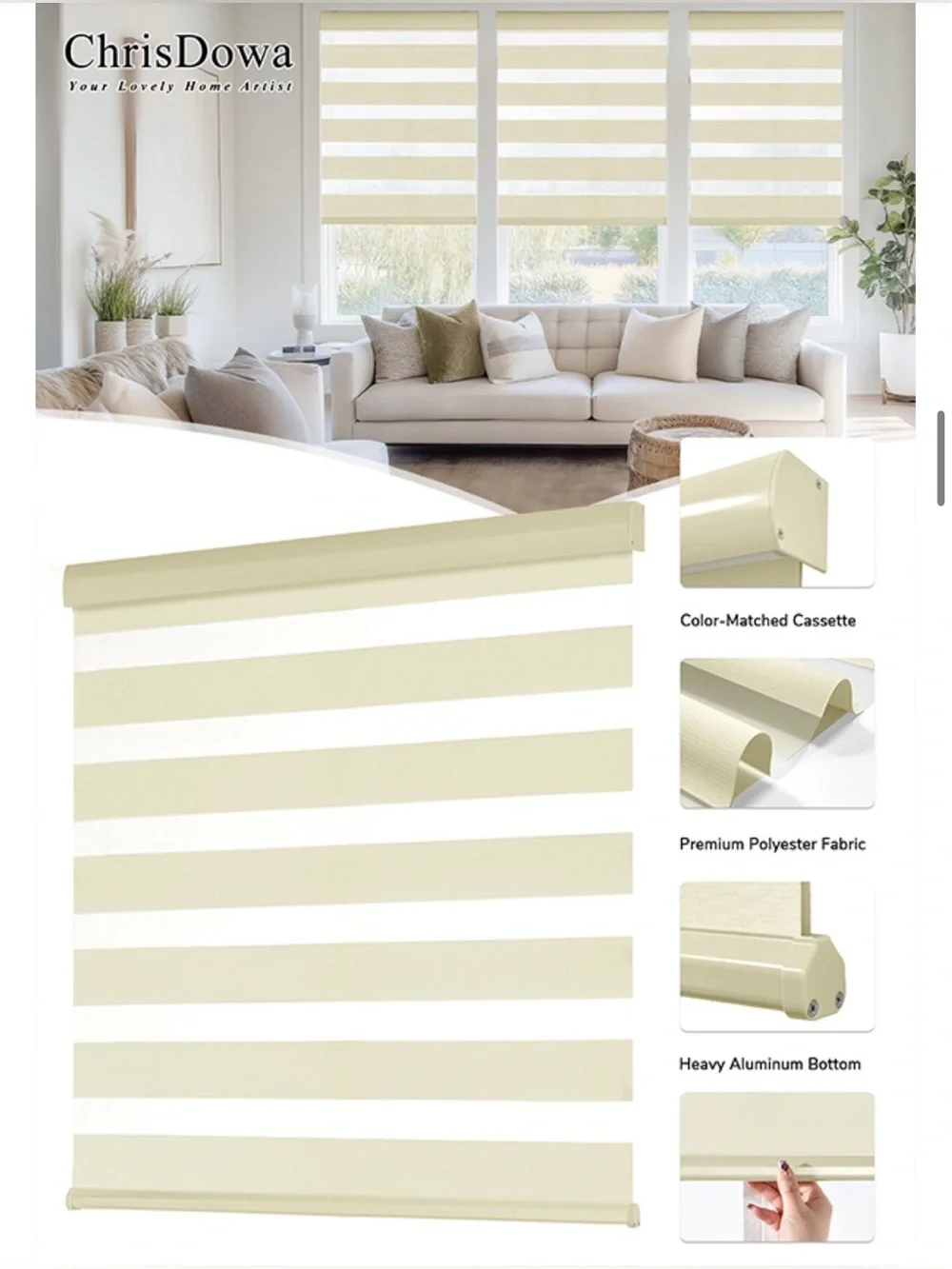BEIGE Cordless Zebra Blinds 34”W 72”L